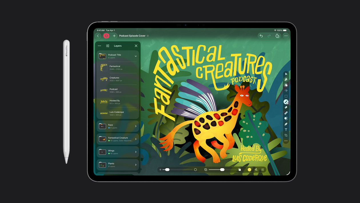 Apple Pencil dengan iPad Pro 13 yang memperlihatkan ilustrasi untuk podcast tentang makhluk fantasi