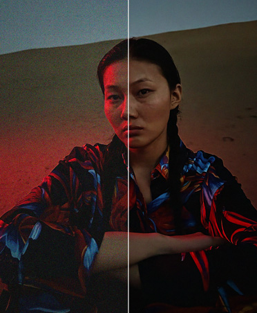 Foto terbelah dua seorang perempuan di bukit pasir saat senja, alat penghapus noise