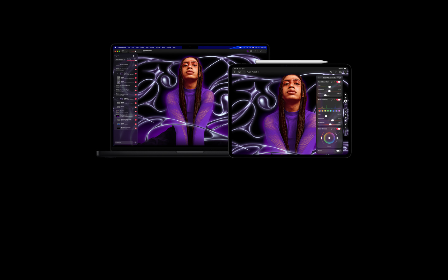 Image of a person with braids and wearing a purple sweater with a stylized abstract background, moves into MacBook Pro 16 and iPad Pro 13 devices, screens show the Pixelmator Pro workspace with Layers panel on the side, image editing