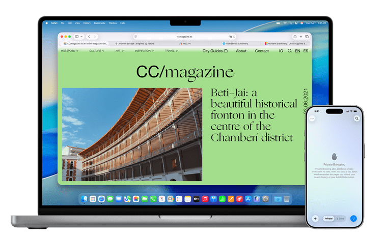 MacBook Pro, open, Safari browser, magazine article, text reads: CC/magazine, Beti-Jai: a beautiful historical fronton in the center of the Chamberi district, iPhone 17, Safari browser, new private tab