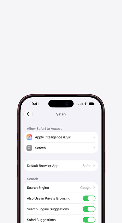 Step 2: Tap Default Browser App, displaying the Safari settings page with the Default Browser App row in view.