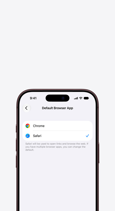 Step 3: Select Safari, showing Safari chosen with a blue checkmark over Chrome in the Default Browser App list.