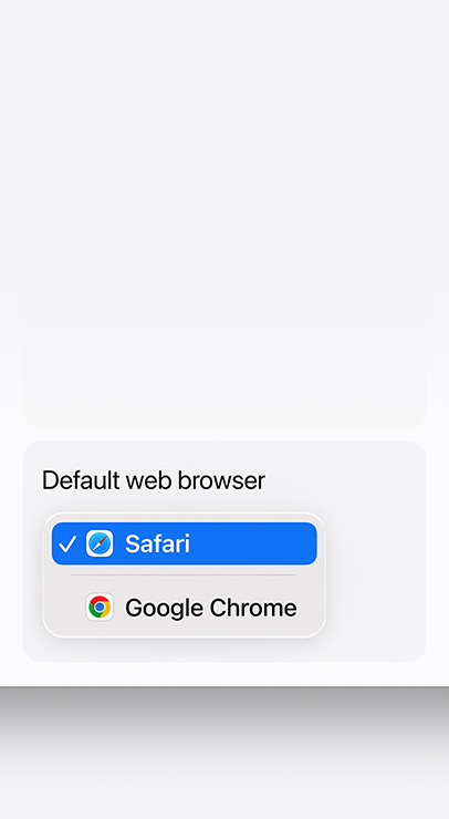 Step 3: Scroll to Default web browser and select Safari, showing Safari chosen with a checkmark over Google Chrome in the dropdown menu.