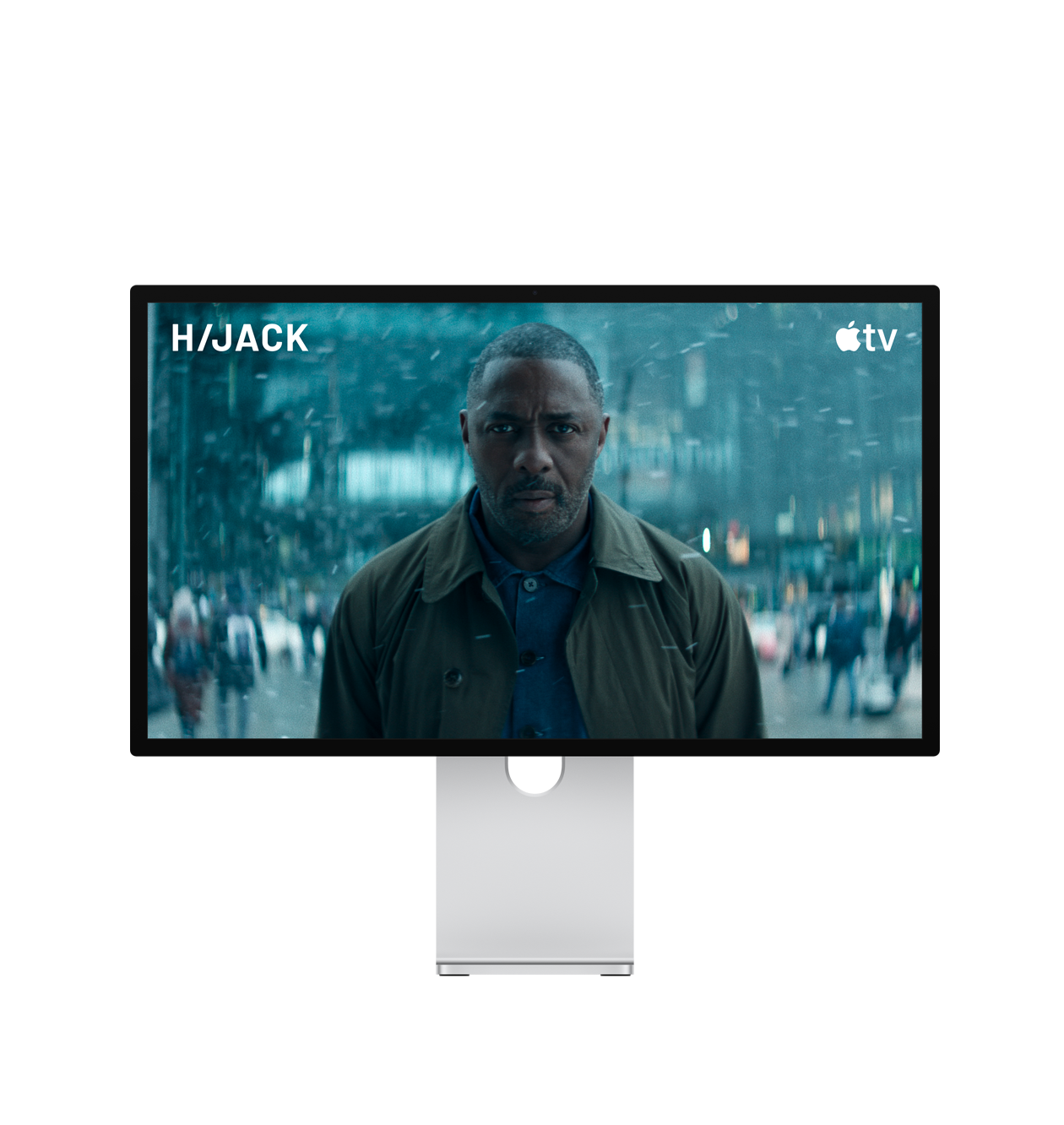 Studio Display XDR omgeven door illustraties van geluidsgolven, scène uit de serie Hijack op het scherm