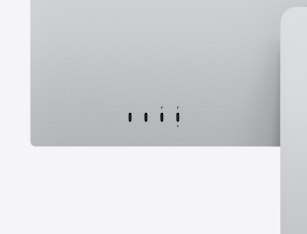 Close-up van de achterkant van Studio Display XDR, met twee USB‑C-poorten en twee Thunderbolt 5-poorten