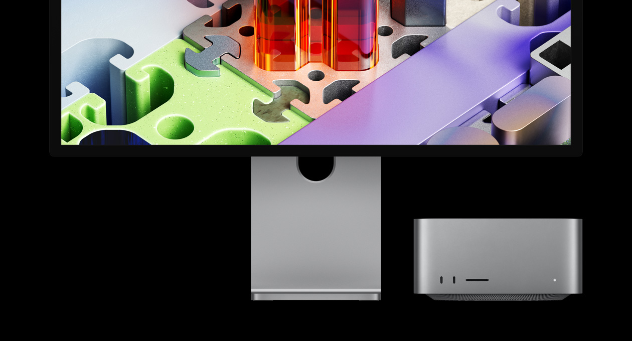 Mac Studio en Studio Display XDR, device staat onder het scherm: Studio Display XDR heeft een driedimensionale puzzelachtige achtergrond
