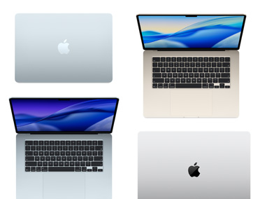 Vier Mac-computers van verschillende modellen, formaten en kleuren, ter illustratie van de mogelijkheden om te personaliseren