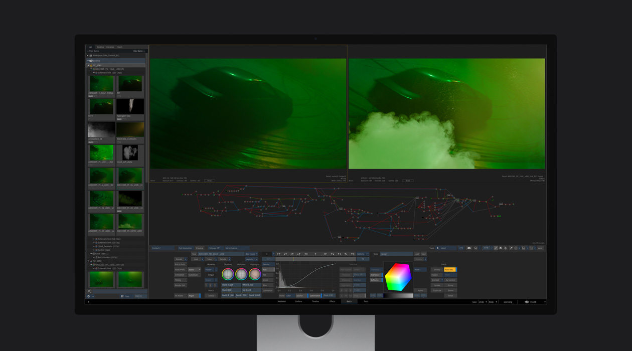 Twee afbeeldingen naast elkaar van een auto in een programma voor visuele effecten, op de afbeelding rechts is een extra wolk uitlaatgassen toegevoegd