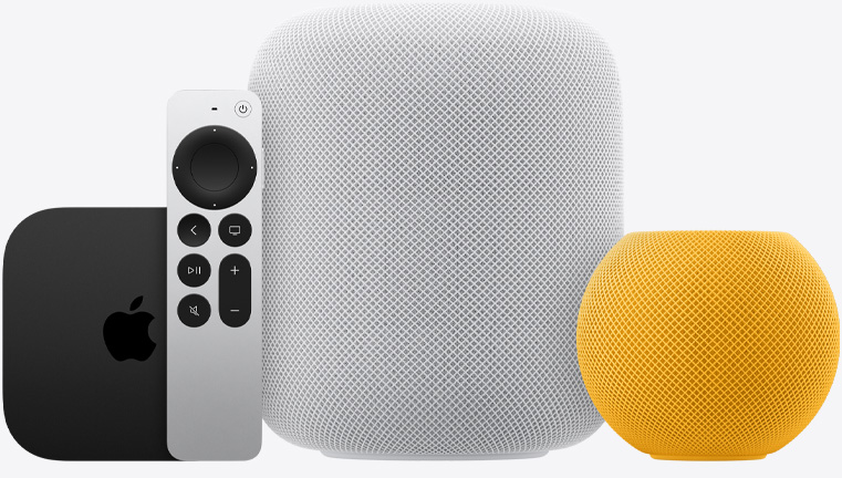 Apple TV 4k、Siri遥控器、一个白色HomePod和一个黄色HomePod-mini并排显示