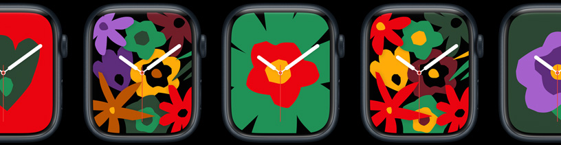 En række med fem Apple Watch-modeller, der viser forskellige blomstrede urskiver i et udvalg af farver og mønstre.