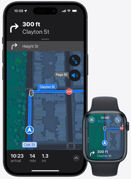 Zobrazení navigace na iPhonu 15 Pro a Apple Watch Series 9.