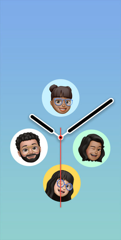Memoji สี่ตัวของครอบครัวบนหน้าปัดนาฬิกา