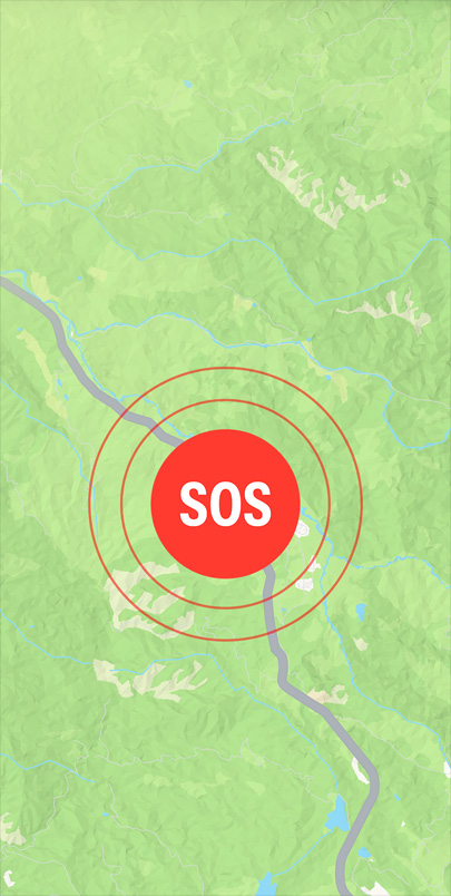 緊急求助 SOS 圖像於 Apple 地圖的一條道路上方。