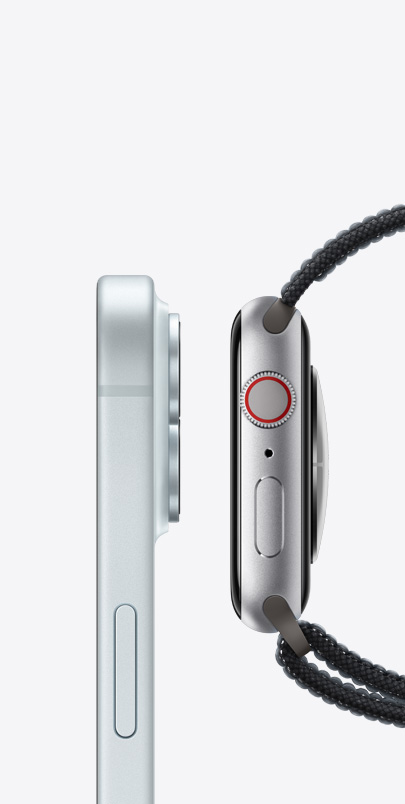 Widok z boku na urządzenia iPhone 15 i Apple Watch Series 9 ustawione obok siebie.