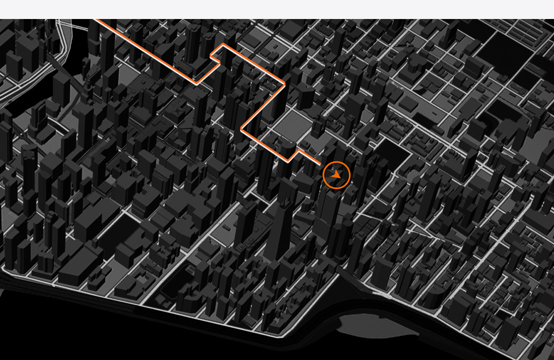 An arrow at the end of a route representing someone’s run through a city in a 3D view on a map.
