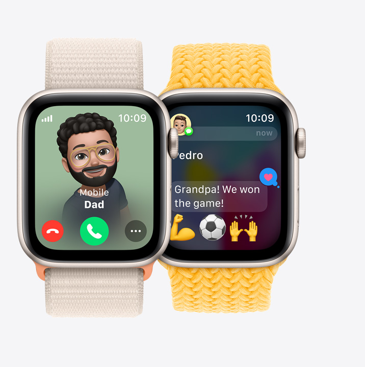 Dwa zegarki Apple Watch SE. Pierwszy pokazuje przychodzące połączenie od Taty. Drugi przedstawia wiadomość, w której dziecko informuje dziadka o wygranym meczu.