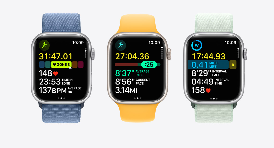 Три Apple Watch Series 9. Първият показва Heart Rate Zones по време на тренировка, вторият показва Pacer, а третият показва персонализирана тренировка с интервали.