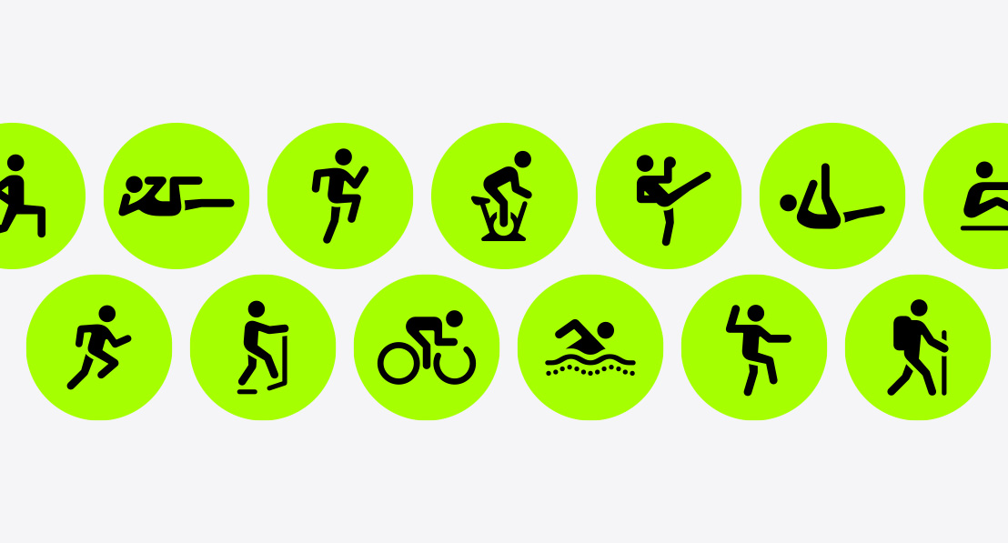 Funkcionālo spēka treniņu, dziļās muskulatūras treniņu, HIIT, iekštelpu riteņbraukšanas, kikboksa, pilašu, airēšanas trenažiera, skriešanas, eliptiskā trenažiera, riteņbraukšanas, peldēšanas, taiči un pārgājienu treniņu ikonas.
