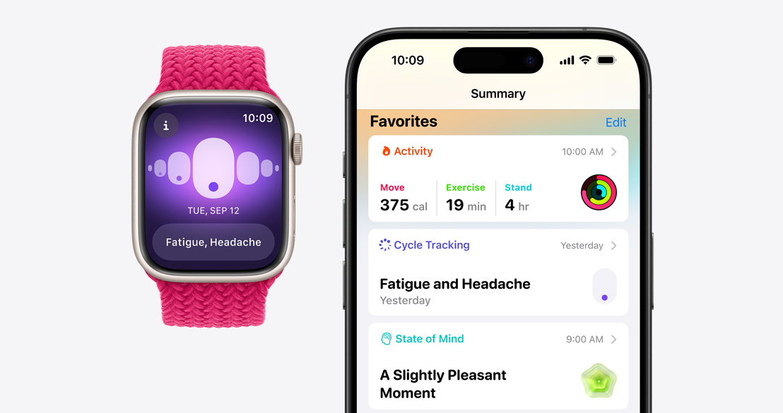 Apple Watch Series 9 przedstawiający aplikację Śledzenie cyklu i iPhone 15 Pro z aplikacją Zdrowie pokazującą informacje dotyczące śledzenia cyklu.