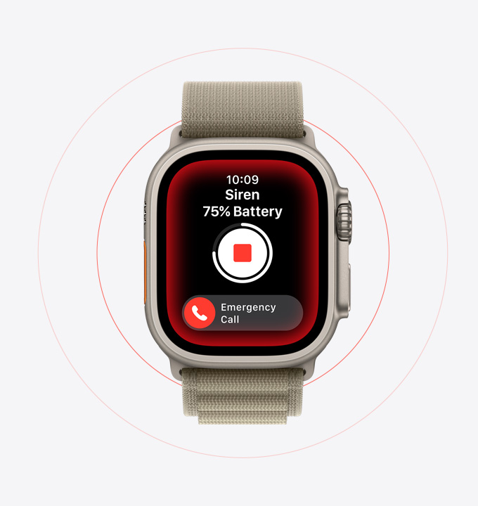 Funcția Sirenă folosită pe un Apple Watch Ultra 2.