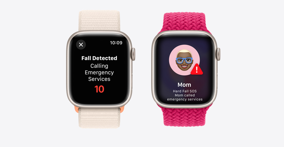 Két Apple Watch Series 9 óra. Az elsőn egy esésészlelési képernyő látható, folyamatban lévő segélyhívással a sürgősségi segélyszolgálatok felé. A másodikon egy értesítés arról, hogy Anya órája nagy esést észlelt, és a sürgősségi segélyszolgálatokat is hívta.