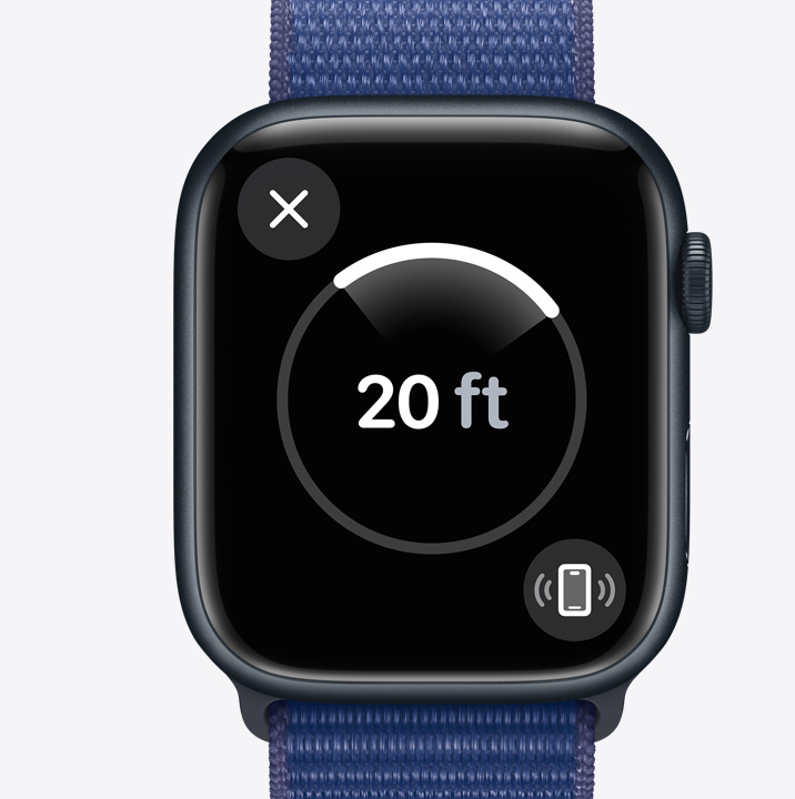 Apple Watch Series 9 z aktywną funkcją Znajdowanie dokładne używaną do znalezienia pobliskiego iPhone’a 15.