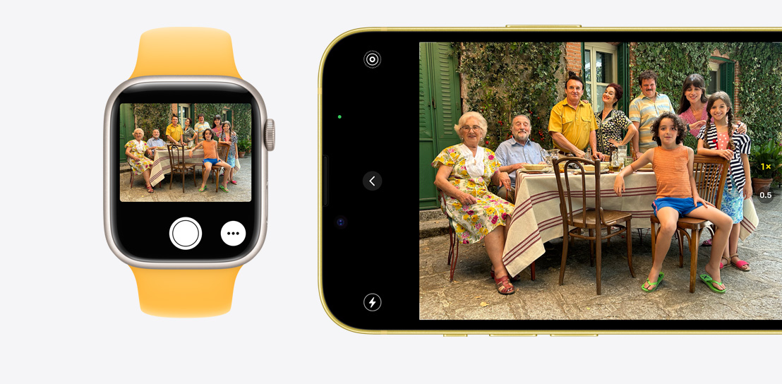 Egy iPhone 15 fotót készít. A Kamera-távirányító funkció fut egy Apple Watch Series 9-en, és megmutatja az iPhone 15-ön készülő képet.