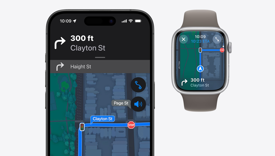 Wskazówki „krok po kroku” wyświetlane jednocześnie na iPhonie 15 Pro i na Apple Watch Series 9.