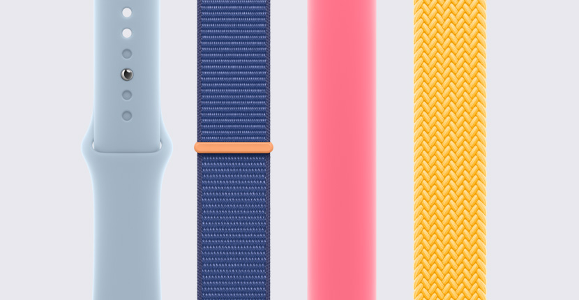Różne paski do zegarka Apple Watch ułożone pionowo obok siebie.