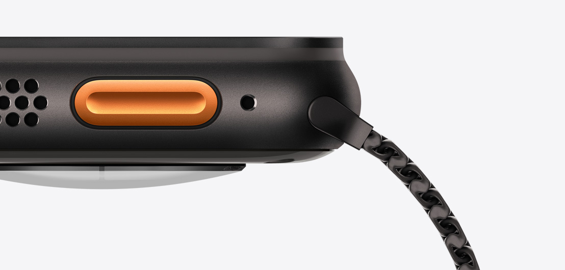 Apple Watch Ultra 3, titanium case, black colour, left side exterior, speaker/air vent, Action button, microphone
