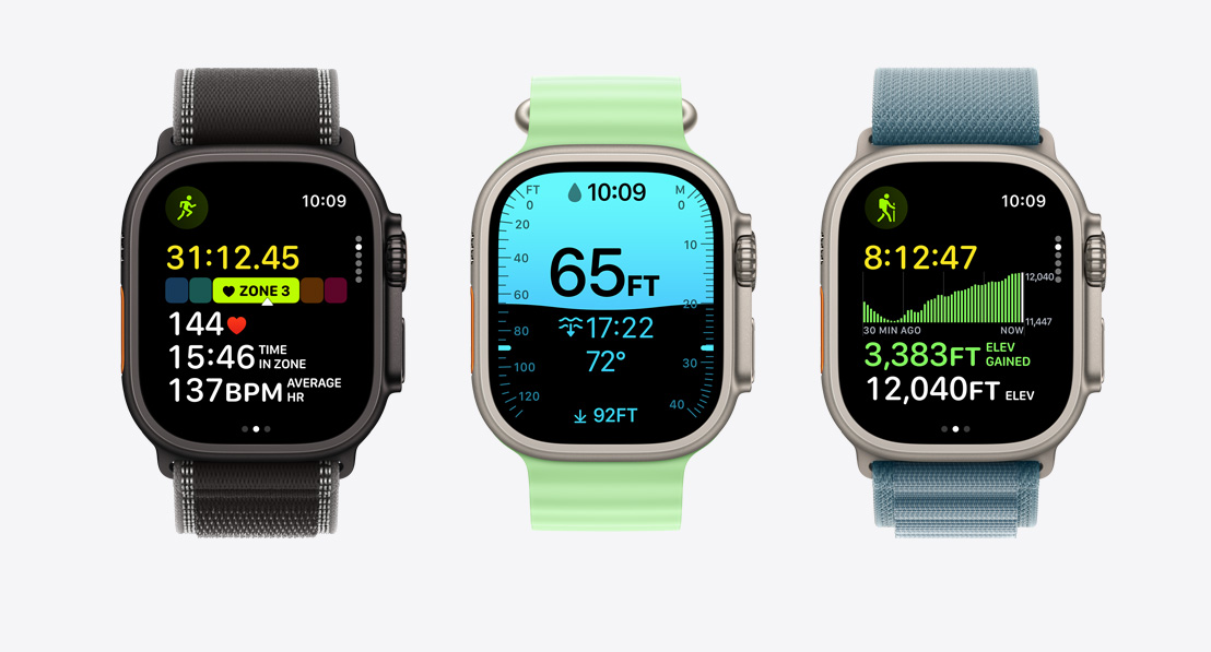 Apple Watch Ultra 3, écrans de l’app Exercice : course à pied, plongée, vélo