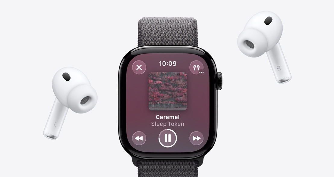 AirPods Pro 3, white, silicone tips, Apple Watch Series 11, aluminum case, polished jet black color, Apple Music playing, Sport Loop, dark gray color