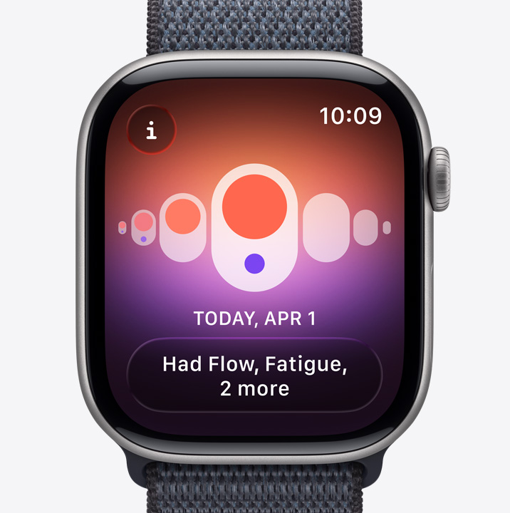 Apple Watch Series 11, space gray color, aluminum case, ovulation date estimation notification from Cycle Tracking in Health app, Digital Crown, Sport Loop, dark gray color