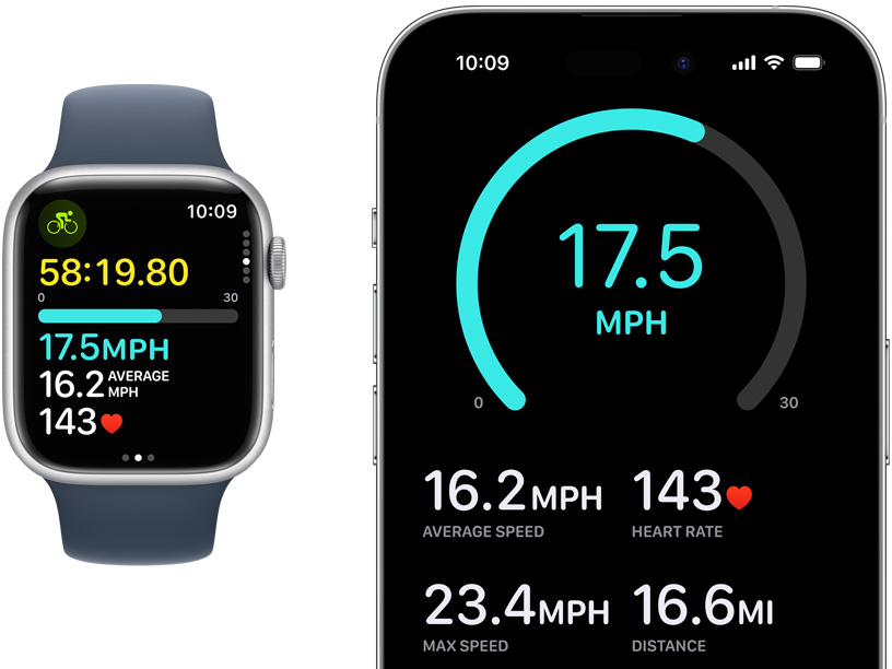 Une Apple Watch et un iPhone affichant en direct les données d’une séance de vélo