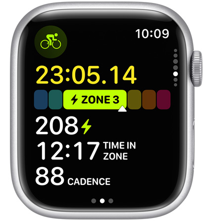 Apple Watch-wijzerplaat met daarom een vermogensmeter, deel van de nieuwe work-out weergave met vermogenzones 
