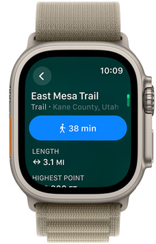 A front view of a watch with the name of a trail and it’s distance