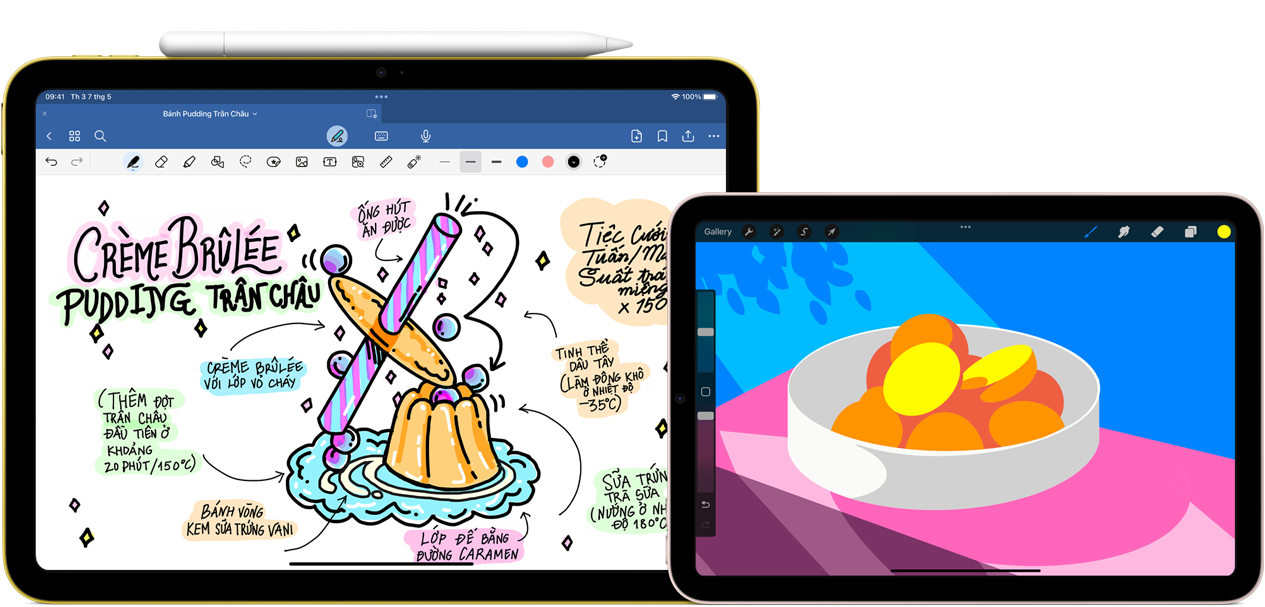 Ở bên trái, iPad thế hệ thứ 10 nằm ngang, hiển thị hình ảnh có ghi chú và bản vẽ cùng Apple Pencil USB-C được gắn ở phía trên cùng. Ở bên phải, iPad mini nằm ngang hiển thị hình minh họa đầy màu sắc được tạo bằng ProCreate.