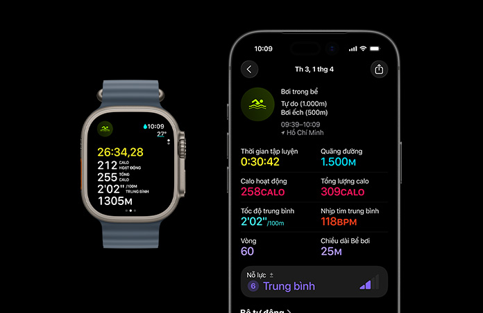Apple Watch Ultra 3, màu tự nhiên, vỏ titan, chỉ số bài tập Bơi Trong Bể, bản phân tích đầy đủ trên iPhone được ghép đôi