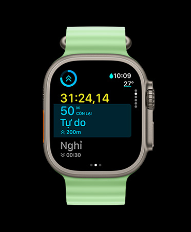 Apple Watch Ultra 3, màu tự nhiên, vỏ titan, ứng dụng Bài Tập, thẻ bài tập tùy chỉnh, chế độ xem Tiếp Theo, Dây Đeo Ocean màu xanh dạ quang