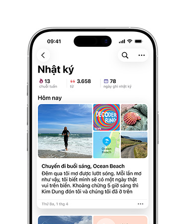 Mặt trước của iPhone 16, màn hình hiển thị Nhật Ký