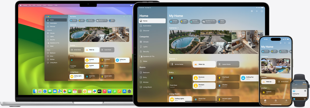 Giao diện người dùng của ứng dụng Nhà hiển thị trên máy Mac, iPad, iPhone và Apple Watch.