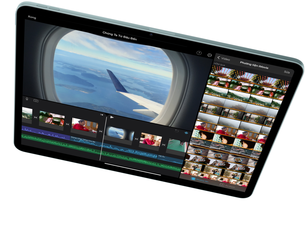 iPad Air nằm ngang, hiển thị tác vụ chỉnh sửa video trong iMovie