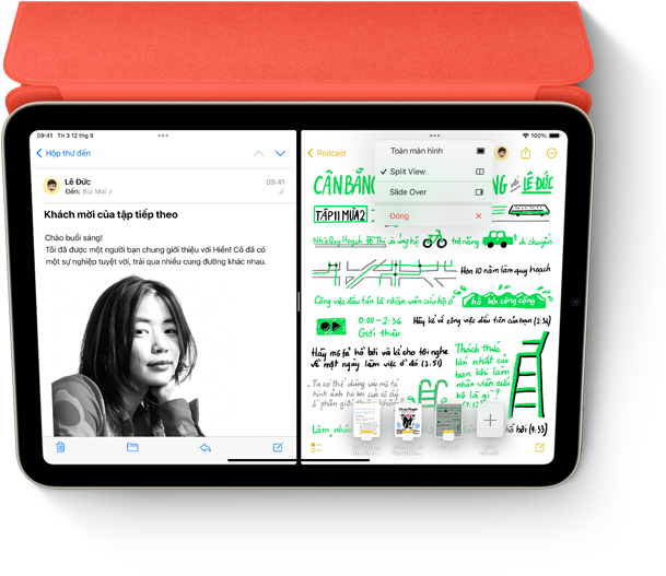 Split View của Mail và ghi chú viết tay trong ứng dụng Ghi Chú trên iPad với Smart Folio và Apple Pencil