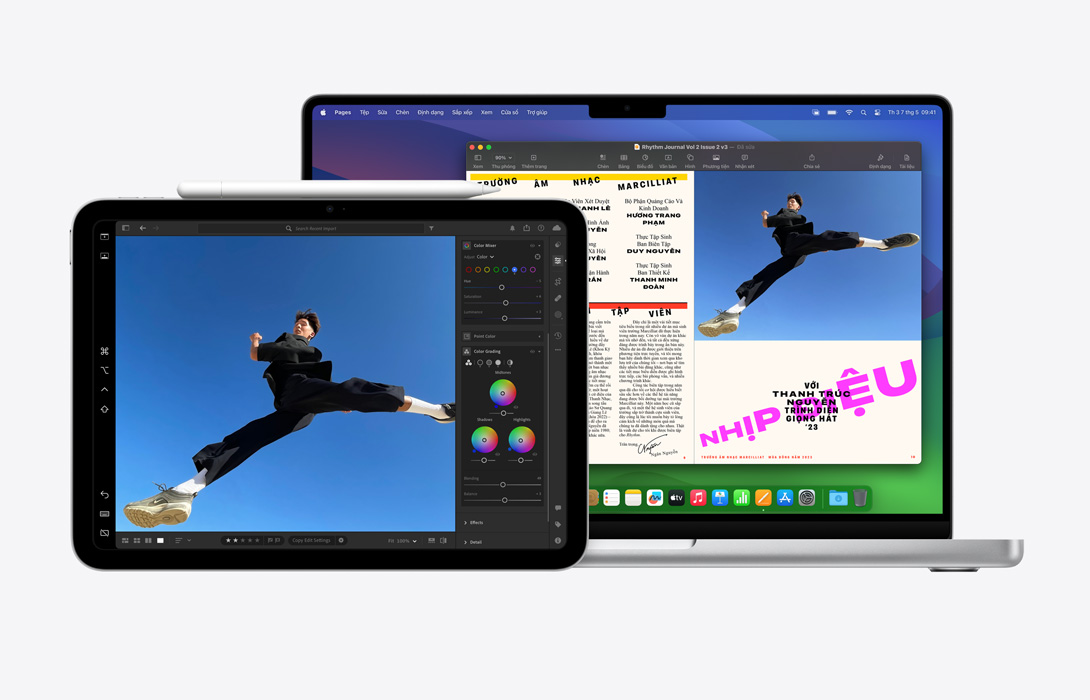 iPad và MacBook Pro đặt cạnh nhau nêu bật cách sử dụng ảnh đã chỉnh sửa trên iPad trong tài liệu Pages trên máy Mac.
