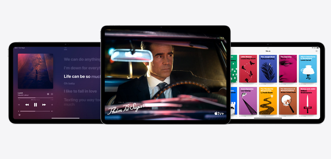 Hai chiếc iPad và một chiếc iPad Air hiển thị các ứng dụng Apple Music, Apple TV+ và Apple Books.