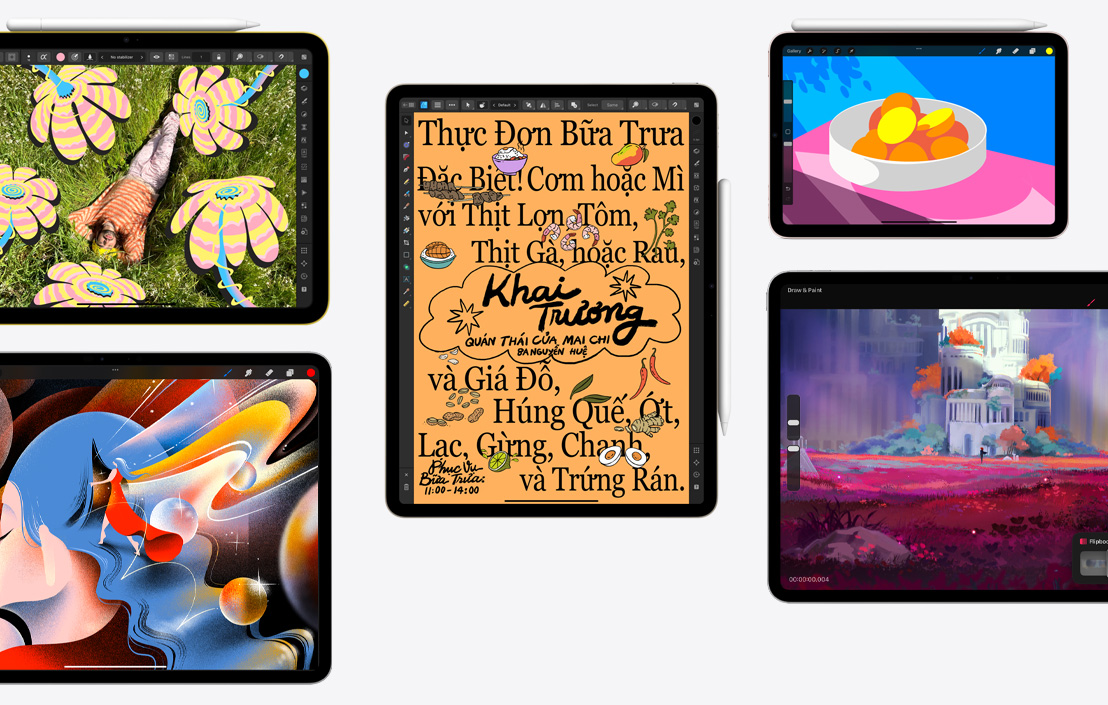 A collection of five different iPads showcasing different apps including Affinity Photo 2, Procreate, Affinity Designer 2, and Procreate Dreams.