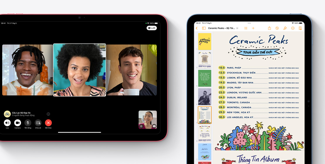 Hình ảnh hai chiếc iPad, một chiếc thể hiện cuộc gọi video FaceTime và chiếc còn lại thể hiện ứng dụng Pages.