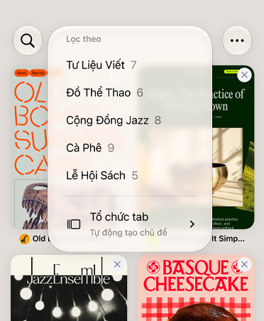 iPhone Safari browser, displaying the Filter menu with categories like Writing Resources, Activewear, Jazz Community, Coffee, and Book Festival, with Automatically Organize option selected