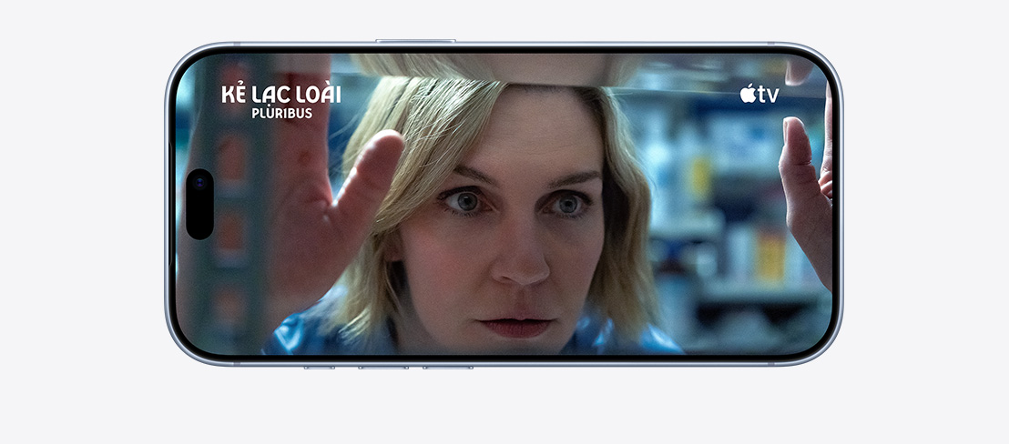 iPhone 18 Pro, front exterior in a horizontal position, Apple TV show “Pluribus” plays on screen