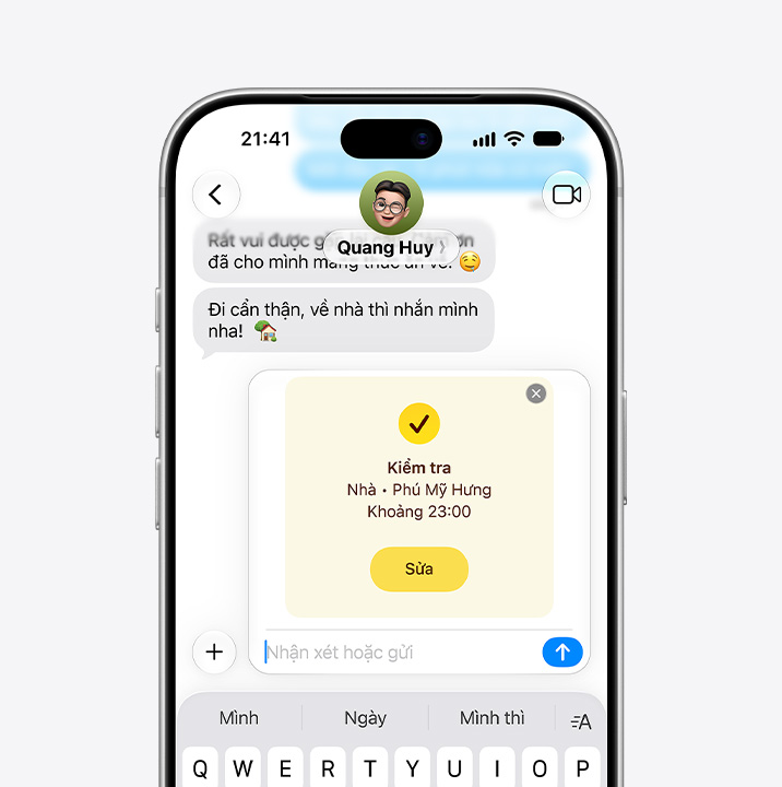 Màn hình iPhone hiển thị chuỗi Tin Nhắn đang sử dụng tính năng Kiểm Tra